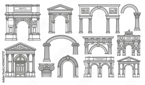 Foto Decorated columned and triumphal arches outline vector set in classical style