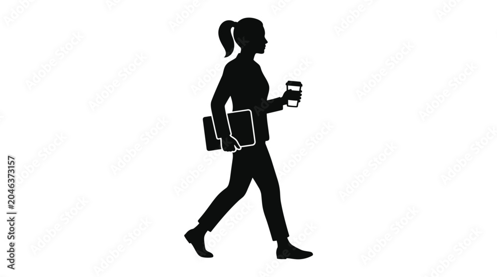 Obraz premium Woman Walking With Coffee And Folder Silhouette On White Background