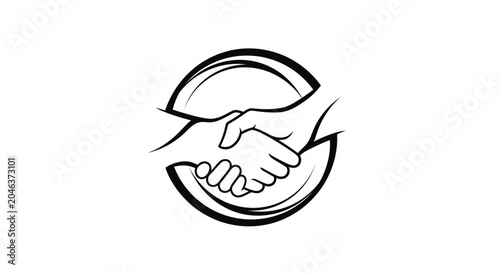 Black and White Handshake Icon in a Circle Frame