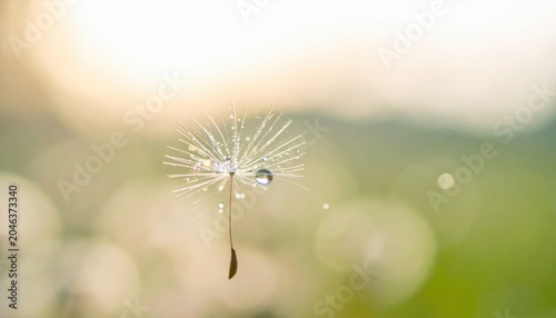 Delicate dandelion seed with dew droplet suspended in mid-air, captured in soft macro nature photography.