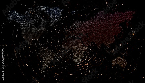 A black background with a world map composed of small dots in various colors, surrounded by concentric circles of gold dots