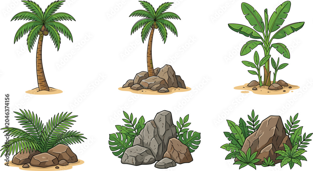 Obraz premium Tropical plant and rock illustration with palm trees, banana leaves, ferns, lush greenery, and decorative landscape vector elements