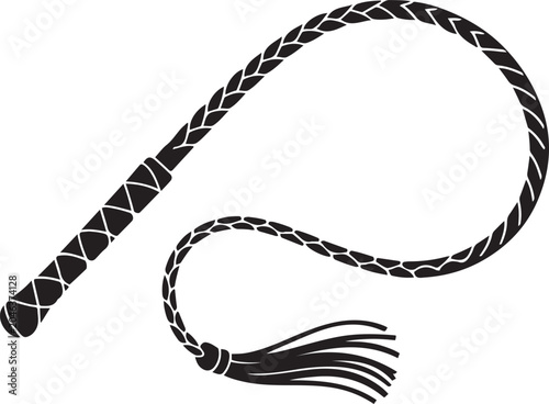 Black whip with braided handle and tassel isolated on transparent background. Black icon silhouette vector