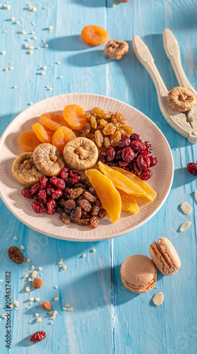 Assorted Dried Fruits And Raisins Served On Plate With Blue Background
