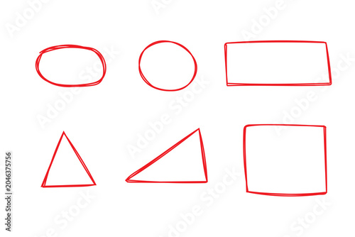 Collection of handdrawn red geometric shapes including circles and triangles isolated on a white background