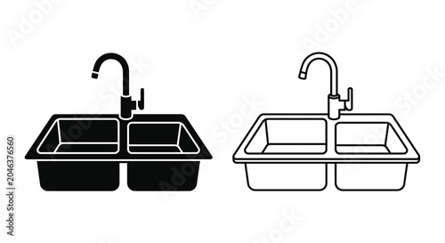 Foto Double basin kitchen sink with faucet black and white line illustration