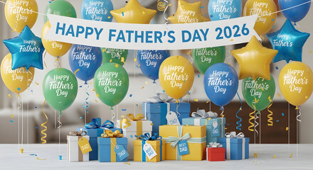 Father's Day celebration background with gifts and balloons