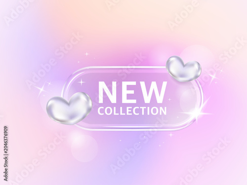 Transparency glass coupon label with hearts holographic chrome gradient background.