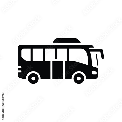 Black silhouette of a side view of a passenger bus, featuring windows, doors, and wheels, isolated on a white background, for transportation and, travel related projects, and apps