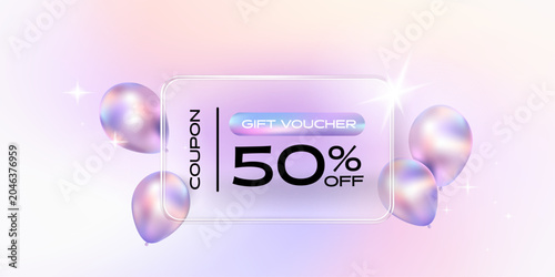 Transparency glass coupon label with balloon and holographic gradient background. Discount offer tag with shiny, glossy, reflective surface.