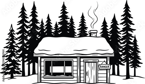 Photos Black and white illustration of a snowy forest ranger cabin