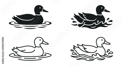 Bilde på lerret Duck Silhouettes In Water Black And White Vector Illustration