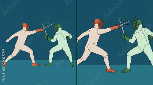 Fotografía Illustration of two fencers dueling with foils in protective gear