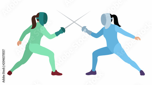 Foto Female fencers engaged in a dynamic fencing match, flat design illustration