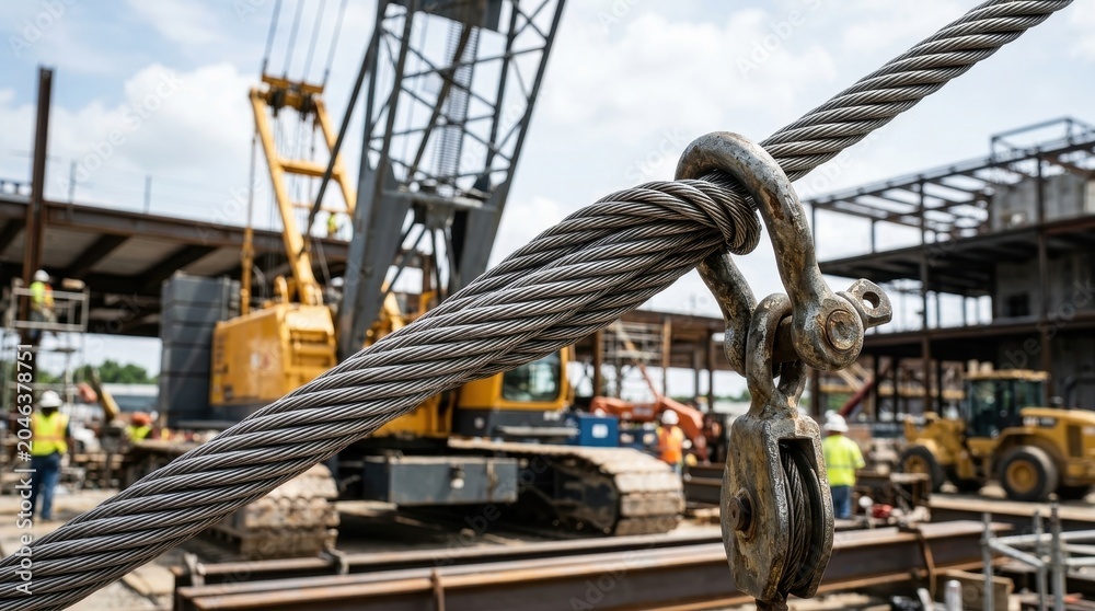 Naklejka premium Heavy duty steel cable and pulley system on a construction site with crane and machinery