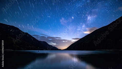 Starry night sky reflected on a calm lake surface between mountains