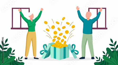 Canvas Print Financial Success Celebration: Happy People Excited by Money from Gift Box