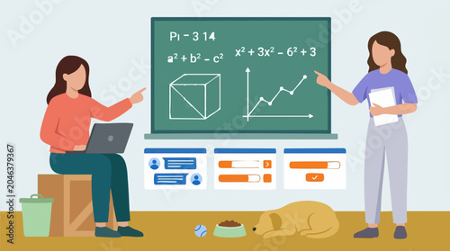 Foto Modern Education: Two Women Teaching Mathematics and Data Analysis Online