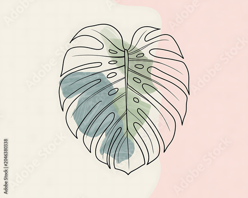 Line art drawing of a monstera leaf with abstract watercolor splashes in pastel colors plant botanical
