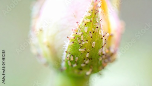 Tiny Thrips Swarming a Delicate Flower Bud, Microscopic Pest Infestation Visible Up Close