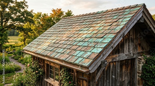 Weathered Copper Shingle Roof on a Rustic Wooden Building in Natural Light