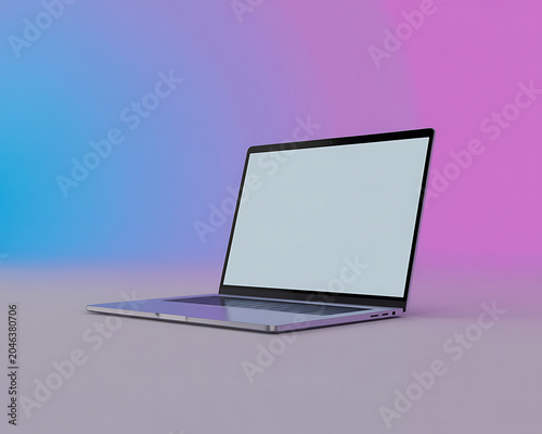 Open Silver Laptop with Blank White Screen on a Light Surface with Blue and Pink Gradient Backdrop computer
