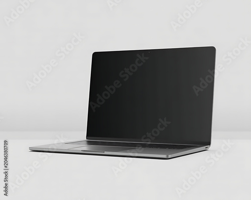 Open Silver Laptop with Blank Black Screen on a White Surface computer notebook