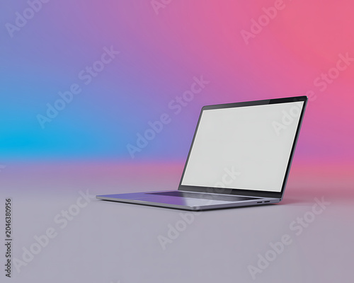 Silver Laptop with Blank White Screen on a Light Purple Surface with Colorful Gradient Background computer