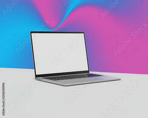 Silver laptop with blank white screen on a white surface with a colorful abstract wavy background computer
