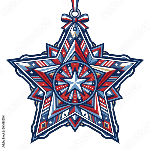 Vibrant patriotic star-shaped emblem with intricate red, white, and blue patterns, perfect for national holiday celebrations, awards, and decorative graphic designs