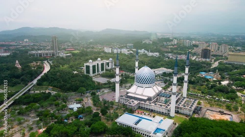 Aerial view of Sultan Salahuddin Abdul Aziz Shah Mosque, also known as the Blue Mosque, in Shah Alam, Selangor, Malaysia.