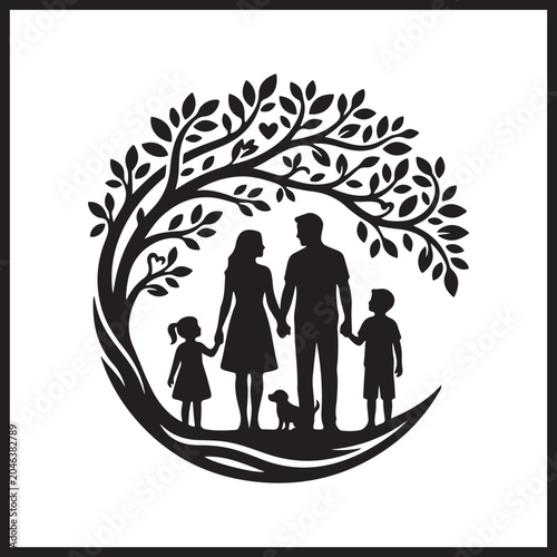 Family Tree of Life Silhouette with Parents Children and Pet Dog