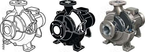 Tableau sur toile Detailed centrifugal pump illustrations featuring cutaway line art and silhouett