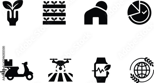 Agriculture technology and pie chart, smart farming, and delivery scooter icons set and food production in outline style