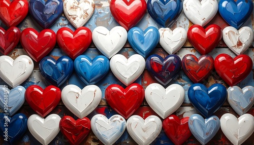 Close-up of numerous, colorful, heart-shaped objects arranged on a weathered, wooden surface, creating a vibrant, patriotic pattern