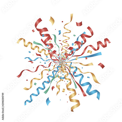 Colorful confetti and streamers bursting outward in celebratory festive pattern illustration