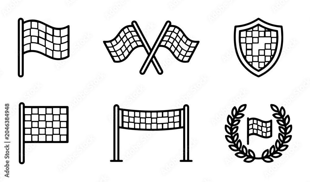 Obraz premium Racing Flags and Checkered Icons Set, Sports Competition Symbols, Victory and Achievement Graphics, Vector Elements for Design
