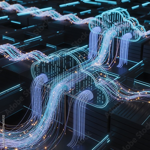 Conceptual digital representing cloud computing and data transfer with glowing neon blue and orange lines flowing between abstract cloud shapes on a dark grid background symbolizing network