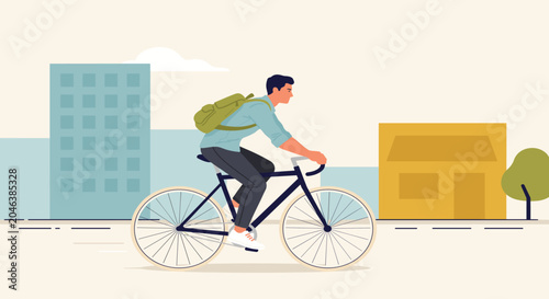 Man riding bicycle on city street with buildings