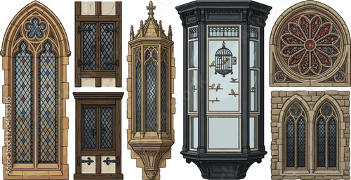 Fotografía Set of detailed gothic and medieval architectural windows including stained glas