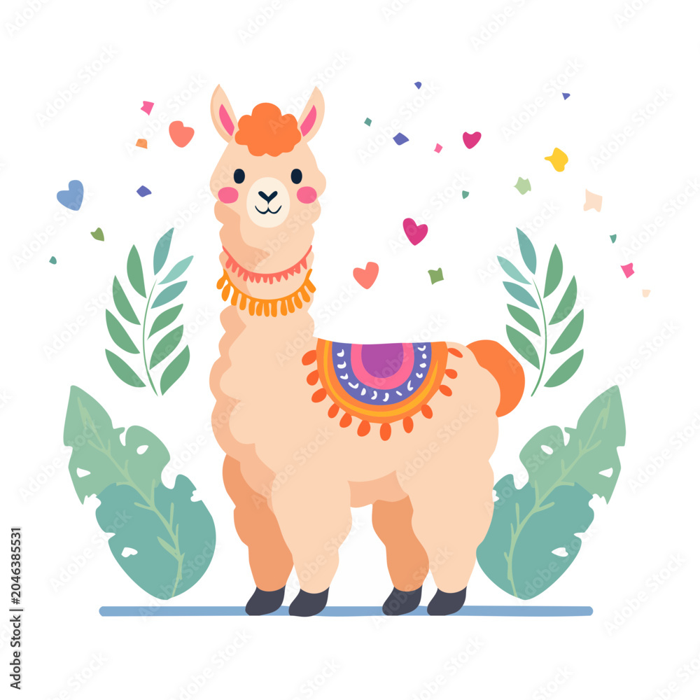Fototapeta premium Cute llama illustration with leaves and confetti