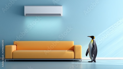 An emperor penguin stands beside an orange sofa in a minimalist blue room with a wall-mounted air conditioner, humorously illustrating cold comfort and climate control concepts.