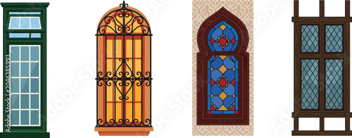 Canvas Print Collection of diverse architectural windows featuring classic sash ornate ironwo