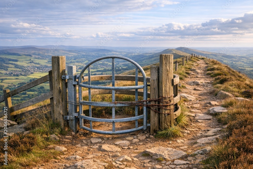 Fototapeta premium A scenic gate sits atop a mountain, offering a breathtaking view of the valley below