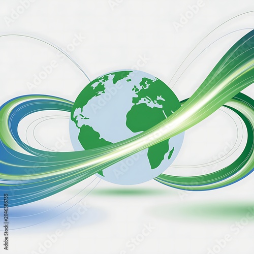 Stylized of planet Earth with swirling green and blue abstract ribbons forming an infinity symbol, representing global connectivity and environmental sustainability Keywords: earth, planet, globe
