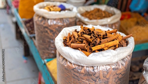 Close-up of open plastic bags filled with brown cinnamon sticks displayed at an outdoor market stall
