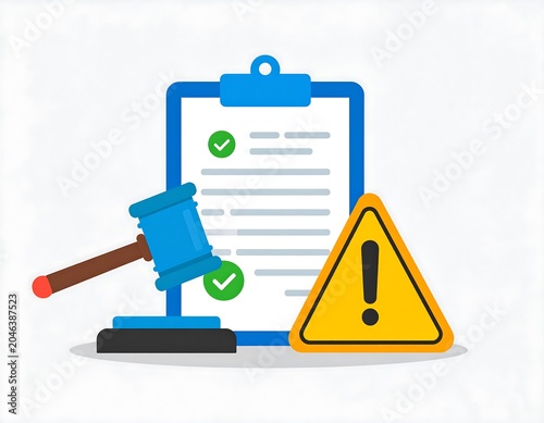A graphic illustration of a clipboard with a checklist, a gavel, and a warning sign