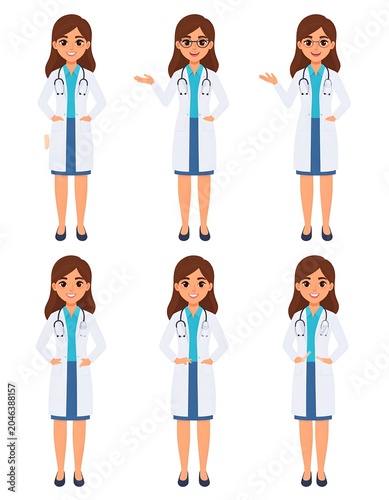 A graphic illustration of a female doctor in various poses