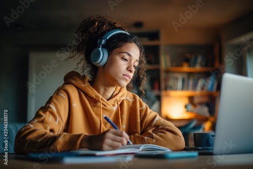 Focused teenage student learning from home, wearing headphones while watching an online webinar and taking notes