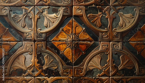 Close-up of ornate, square tiles forming a repeating, decorative pattern. The tiles showcase floral and geometric designs in shades of brown, gold, and teal